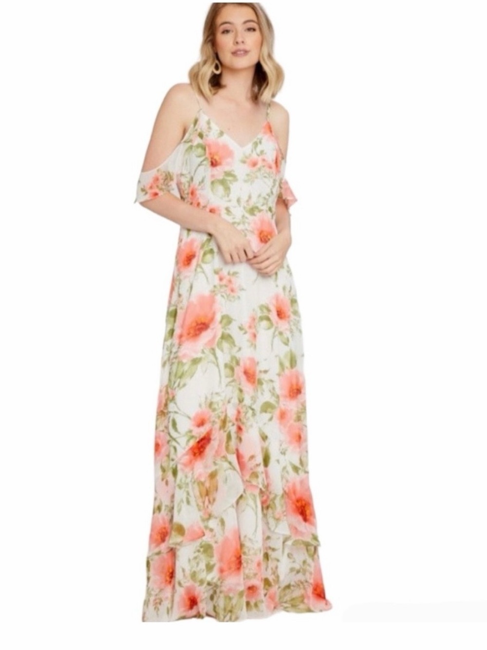 Altar’d State cream pink romantic floral ruffle maxi dress